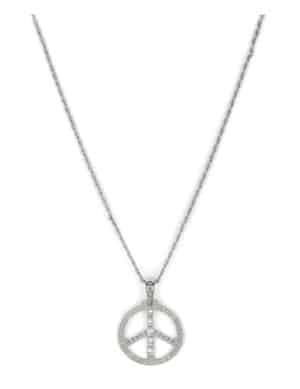 70er Halskette Peace-Zeichen Strass Hippie silber