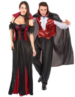 Adliges Vampirpaar Halloween-Paarkostüm für Erwachsene schwarz-rot-weiß