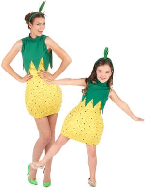 Ananas-Paarkostüm für Erwachsene und Kinder Karneval grün-gelb