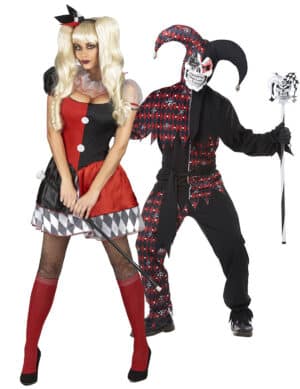 Aufregendes Psychoclown-Paarkostüm für Damen und Herren Halloween schwarz-rot-weiß