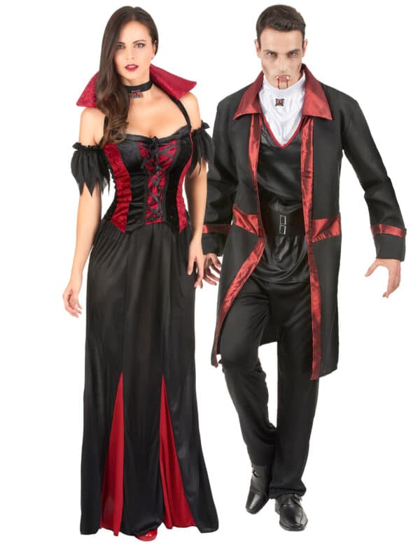 Barockes Vampir-Adelspaar Halloween-Paarkostüm für Erwachsene schwarz-rot-weiß