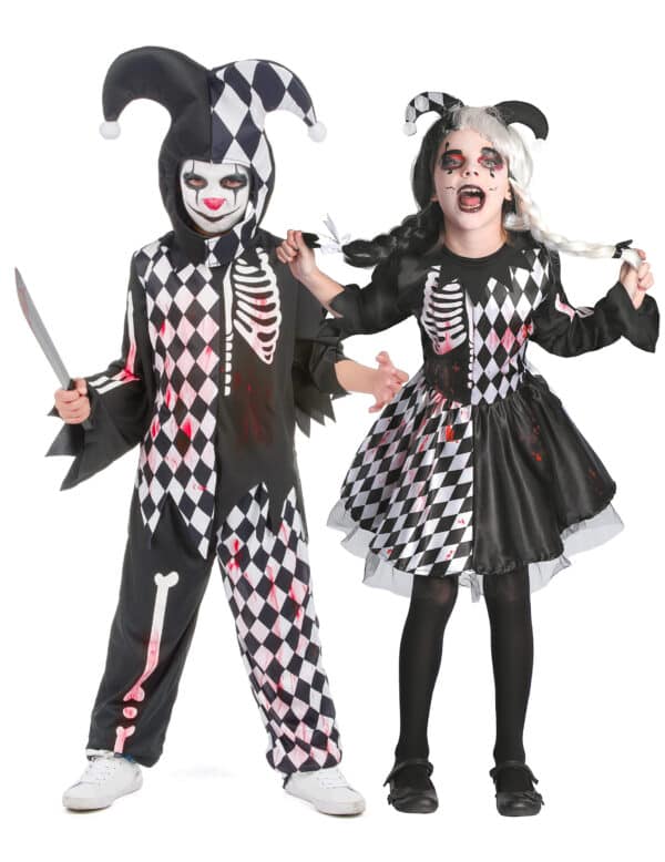 Blutiges Harlekin-Paarkostüm für Kinder Halloween-Kostüm schwarz-weiss