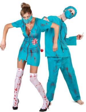 Blutiges Zombie-Paarkostüm Chirurgen-Halloweenkostüm blau-weiss-rot