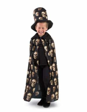 Cape und Zylinder mit Totenschädeln Halloween-Set für Kinder beige-schwarz