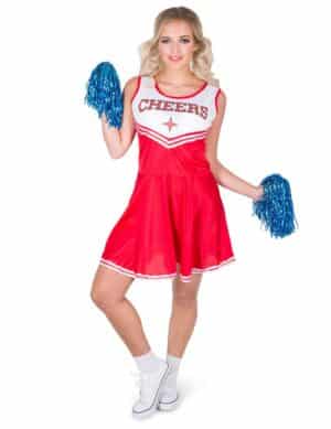 Cheerleaderin-Kostüm für Damen mit PomPoms rot-weiss-blau