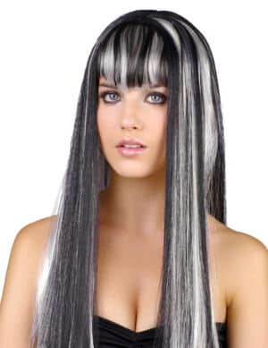 Damen Halloween-Perücke lang mit Pony schwarz-weiss