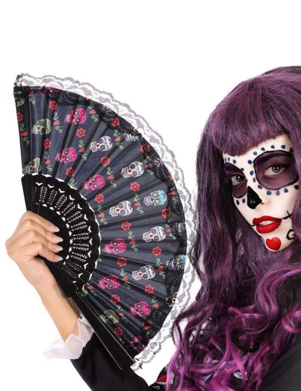 Día de los Muertos-Fächer Halloween-Accessoire schwarz-weiss-rosa