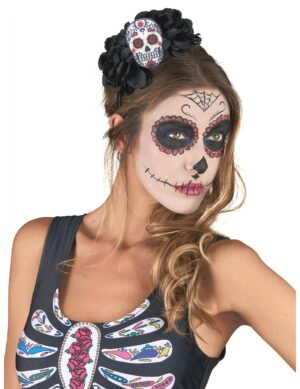 Dia de los Muertos Haarreif mit Rosen und Sugar Skull Halloween Kostüm-Accessoire schwarz-bunt