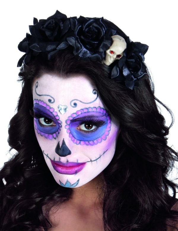 Dia de los Muertos Haarreif mit schwarzen Rosen und Totenschädel Halloween-Accessoire schwarz-beige