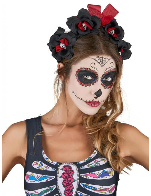 Dia de los Muertos Haarreif mit Totenkopf-Rosen Halloween-Accessoire schwarz-rot