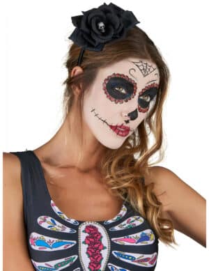 Dia de los Muertos Halloween Haarreif mit Totenkopf-Rosenblüte schwarz-weiss