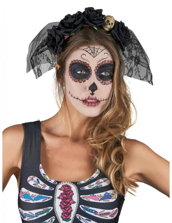 Dia de los Muertos Kopfschmuck mit Schleier und Rosen Halloween-Accessoire schwarz-beige