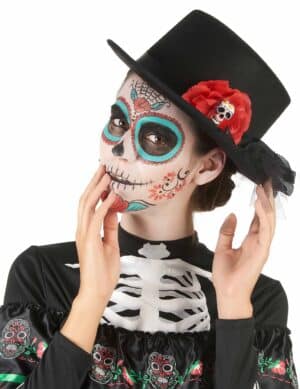 Dia de los Muertos Zylinder mit Totenkopf in Rose Halloween-Accessoire schwarz-rot-weiss