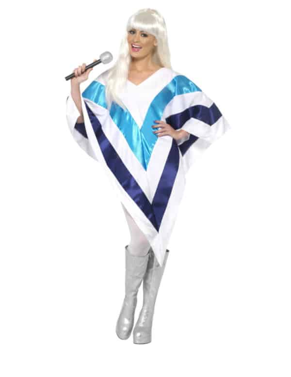 Disco-Kostüm für Damen Poncho Faschingskostüm weiss-blau