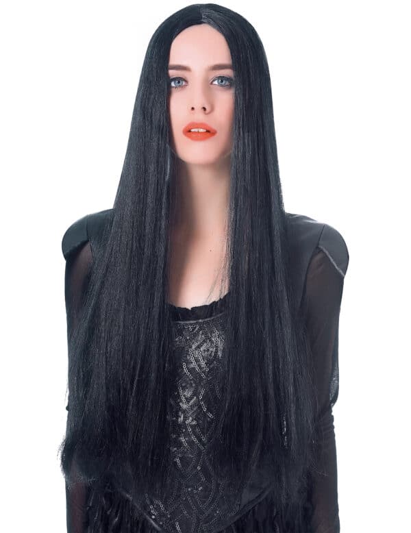 Extralange Halloween Damen-Perücke schwarz 75cm