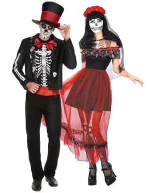 Farbenfrohes Dia de los Muertos-Pärchen Halloween-Paarkostüm für Erwachsene bunt