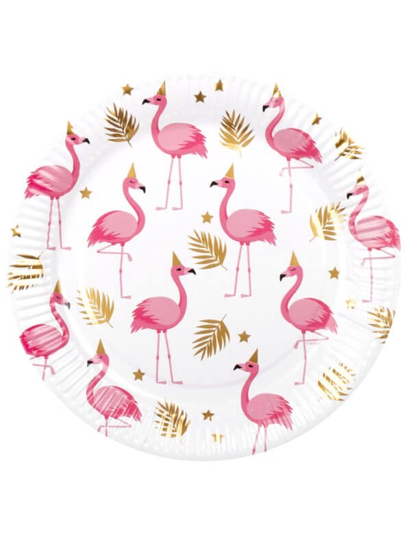 Flamingo-Pappteller 10 Stück weiß-goldfarben-rosa 23 cm