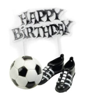 Fussball-Kuchendeko Happy Birthday 3-teilig schwarz-weiss