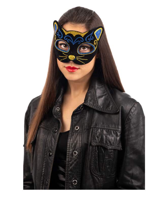 Glitzernde Katzenmaske schwarz-blau-goldfarben