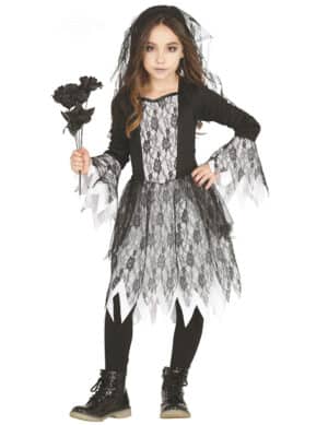 Gothic-Brautkostüm für Mädchen mit Spitze Halloweenkostüm schwarz-weiss