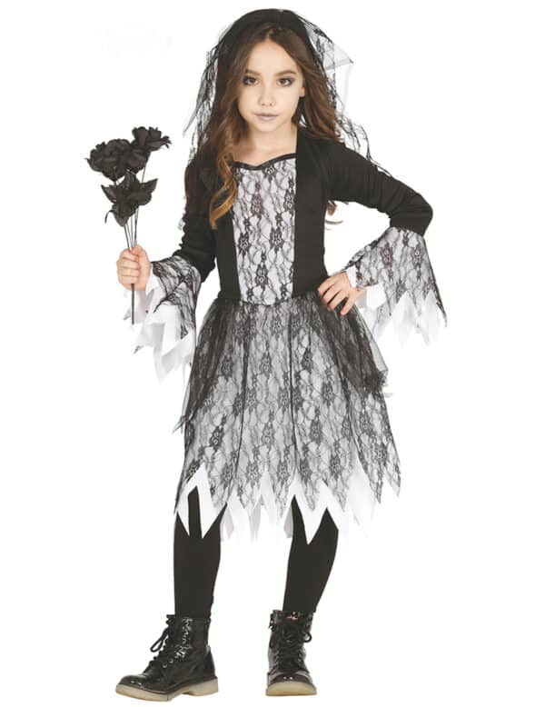 Gothic-Brautkostüm für Mädchen mit Spitze Halloweenkostüm schwarz-weiss