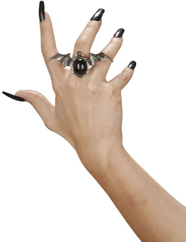 Gothic Fledermaus Ring mit Schmuckstein silber-schwarz