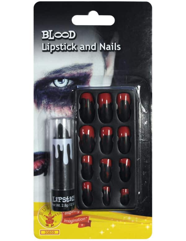 Halloween-Set Lippenstift und Kunstnägel schwarz-rot