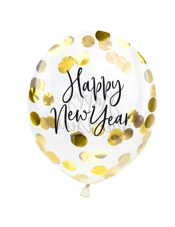 Happy New Year-Latexballons Goldene Konfetti 3 Stück transparent-schwarz-goldfarben 27 cm