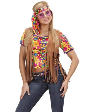 Hippie Damen-Weste mit Fransen und Haarband braun-bunt