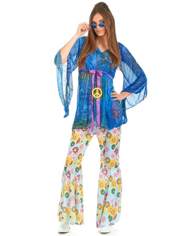 Hippie-Damenkostüm Flower-Power blau-bunt