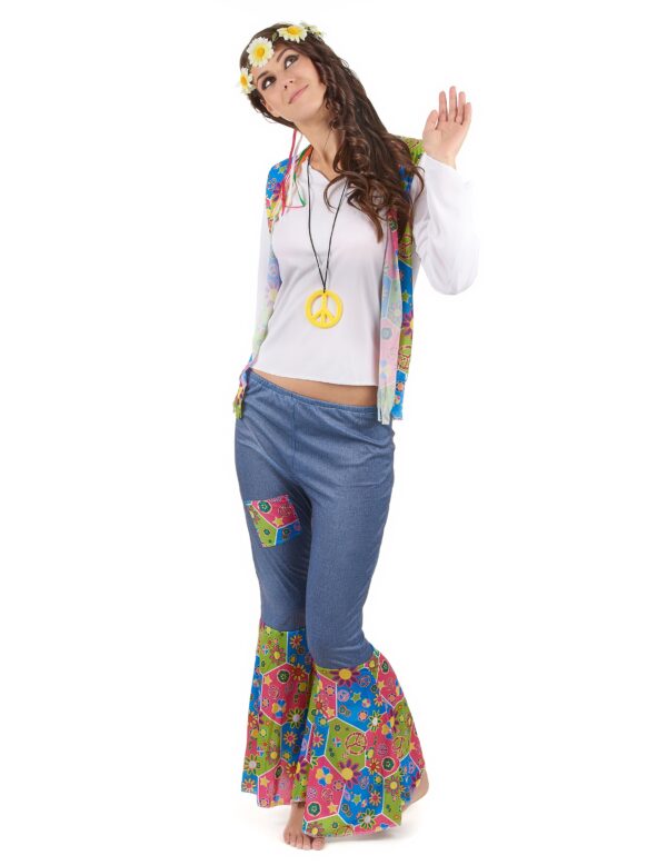 Hippie-Damenkostüm Flowerpower weiss-blau-bunt