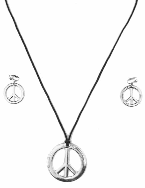 Hippie Peace Set Ohrringe Clips und Halskette braun-silber