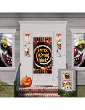 Horror-Clown Haus-Deko Set Halloween-Party schwarz-bunt 82x165cm