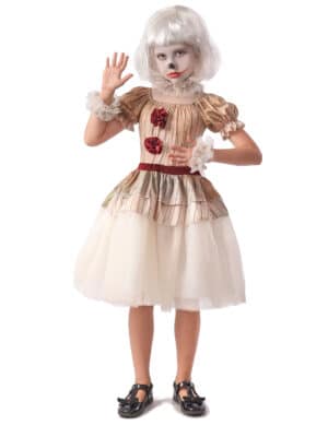 Horror-Clown-Kostüm für Mädchen 5-teilig weiss-beige-rot