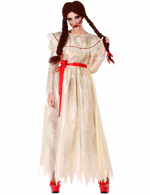 Horrorpuppen-Kostüm für Damen Halloween-Kostüm beige-rot