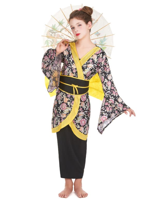 Japanerin Mädchenkostüm Geisha-Kostüm schwarz-gelb-bunt