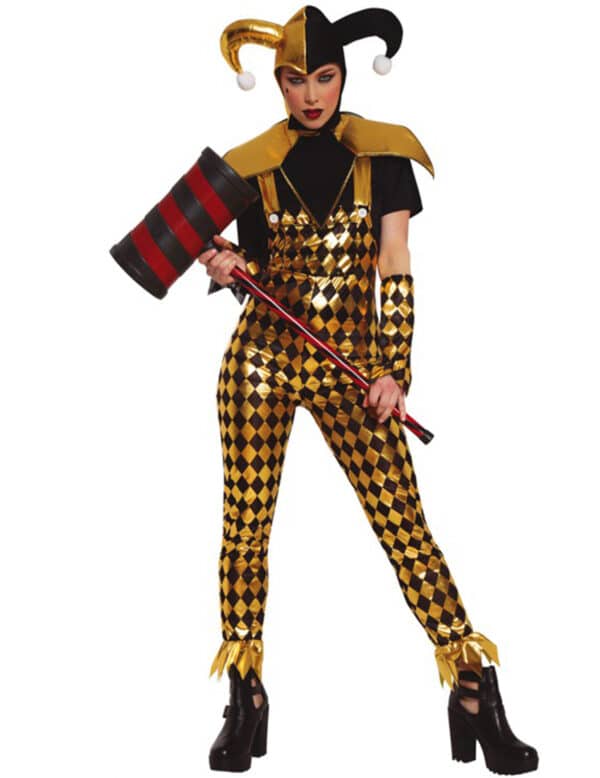 Karierter Psychoclown Halloween-Damenkostüm schwarz-goldfarben