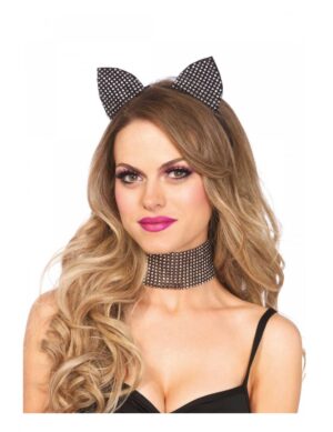 Katzen-Accessoire-Set Deluxe Haarreif und Choker Strass schwarz-silber