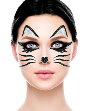 Katzen-Tattoos selbstklebend Make-Up Kostümaccessoire silber-schwarz