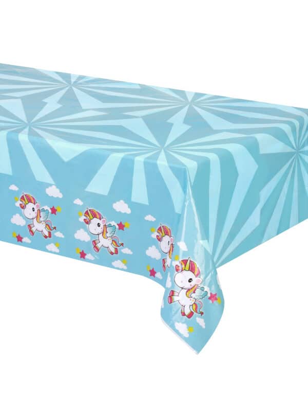 Kindertischdecke mit Einhorn-Motiv blau-weiss-rosa 130x180cm