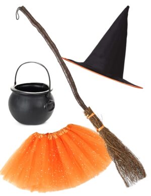 Hexen-Kostüm Set für Kinder Halloween 4er Set schwarz orange