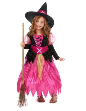 kleine Hexe Mädchen Halloween-Kostüm pink-schwarz-grün