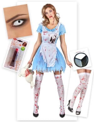 Kostüm-Set Horror-Alice für Damen Halloween 5-teilig blau-weiss-rot