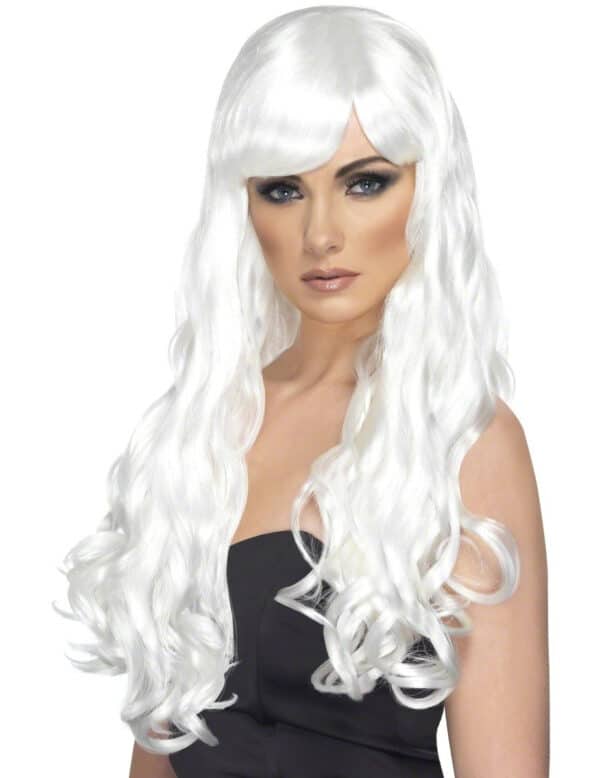 Langhaar Locken Pony Hexe Gothic Perücke weiss