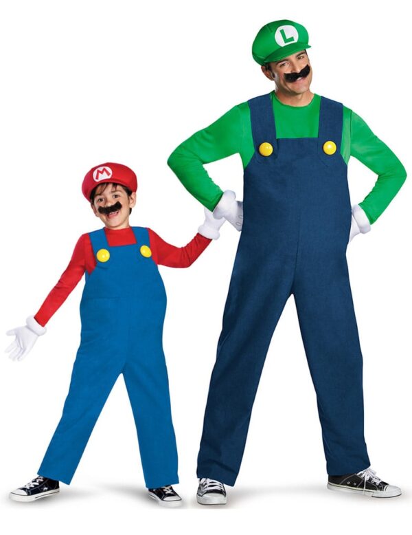 Mario und Luigi Paarkostüm Erwachsener und Kind Lizenzkostüm blau-rot-grün