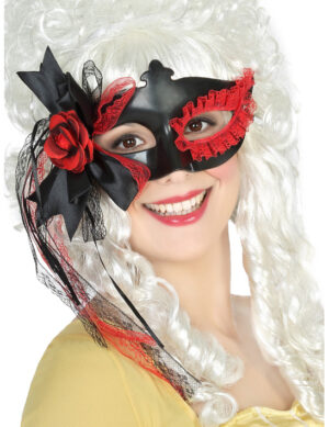 Maske mit Spitze und Rose schwarz-rot