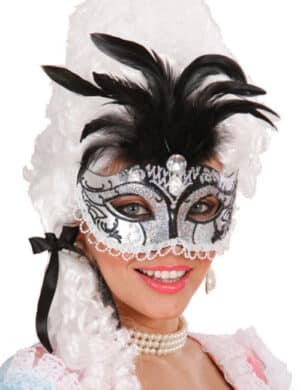 Maskenball Augenmaske mit Glitzer-Steinen und Federn silber-schwarz