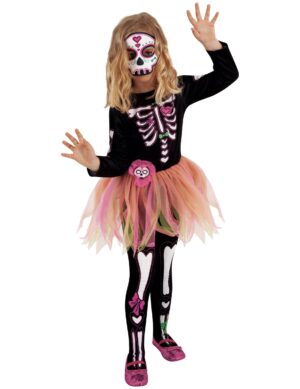 Miss Día de los Muertos-Kostüm für Mädchen Halloweenkostüm schwarz-weiss-pink