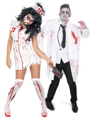 Mörderische Zombie-Doktoren Halloween-Paarkostüm für Erwachsene weiß-rot-schwarz