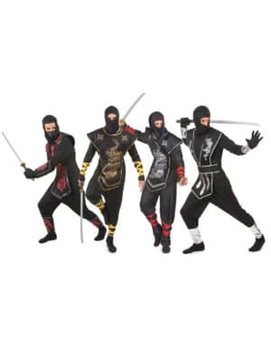 Ninja-Gruppenkostüm Fasching schwarz-rot-silber-gold